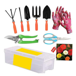 GARDENING TOOLS KIT -10 PCS (CULTIVATOR, FORK, TROWELS, WEEDER, GARDEN GLOVES, PRUNER CUTTER , SCISSORS , FREE FLOWER SEEDS PACKET ,TOOLBOX