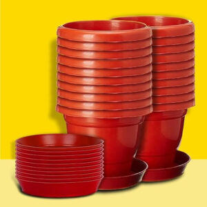 PLASTIC POT WITH BOTTOM 8 INCH RED (PACK OF 20 PCS)