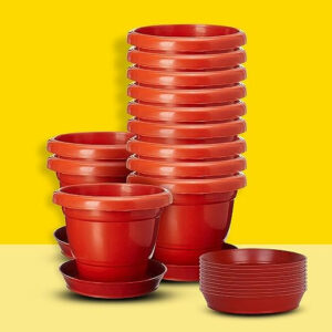 PLASTIC POT WITH BOTTOM PLATES 8 INCH RED (PACK OF 12 PCS)