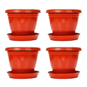 PLASTIC POT WITH BOTTOM PLATES 8 INCH RED (PACK OF 4 PCS)