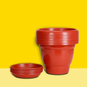PLASTIC POT WITH BOTTOM PLATES 8 INCH RED (PACK OF 5 PCS)