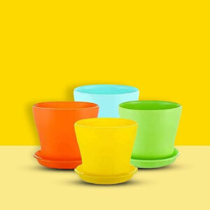 PLASTIC POT WITH BOTTOM TRAYS (PACK OF 4 PCS MULTICOLOR)
