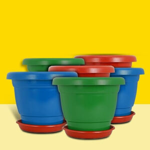PLASTIC POT WITH TRAYS 12 INCH MULTICOLOR (PACK OF 6 PCS)